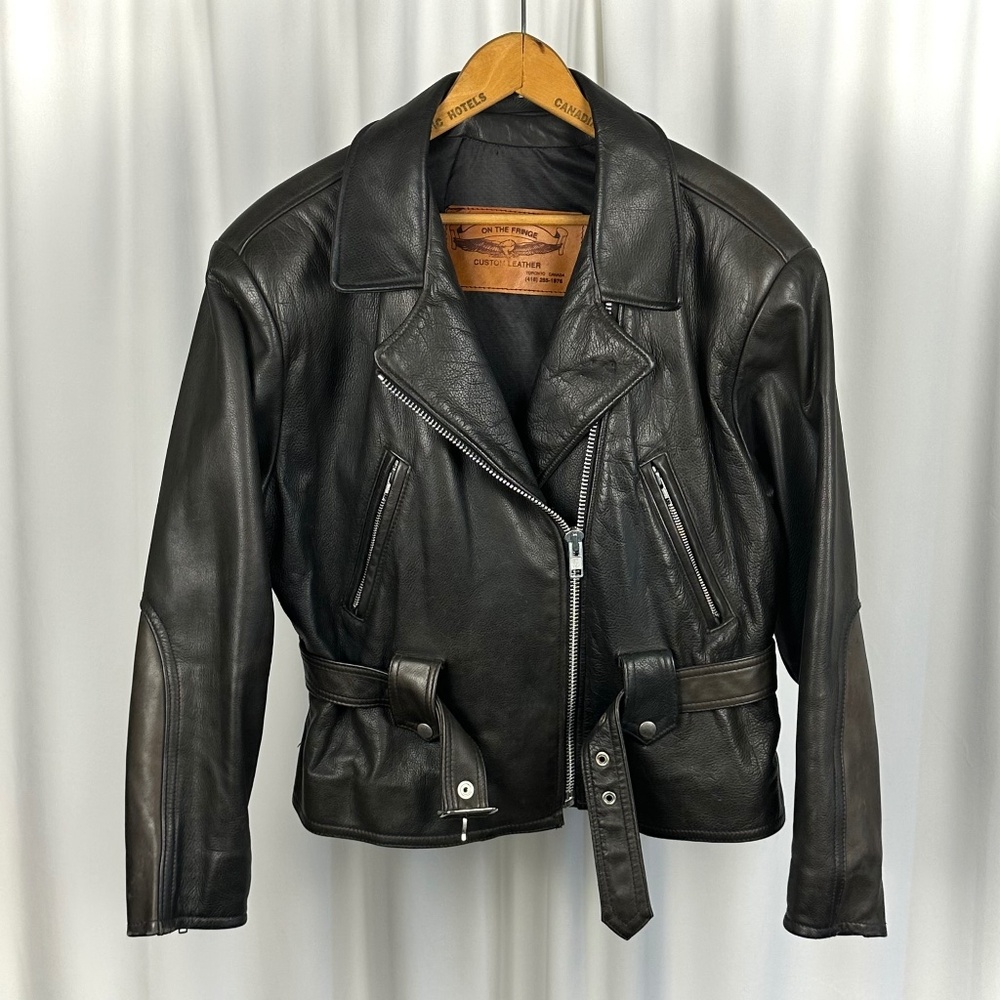 On The Fringe Custom Leather Toronto • Black Leather Biker Jacker with Roses - M